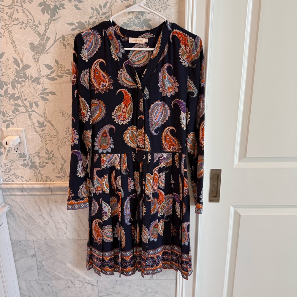 Tory Burch 100% Silk Paisley Print Mini Dress Navy Orange Size 0
